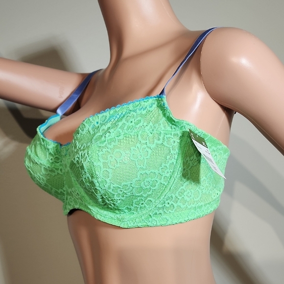 Vibrant Green and Blue Lace Balconette Bra with Underwire - Picture 7 of 9